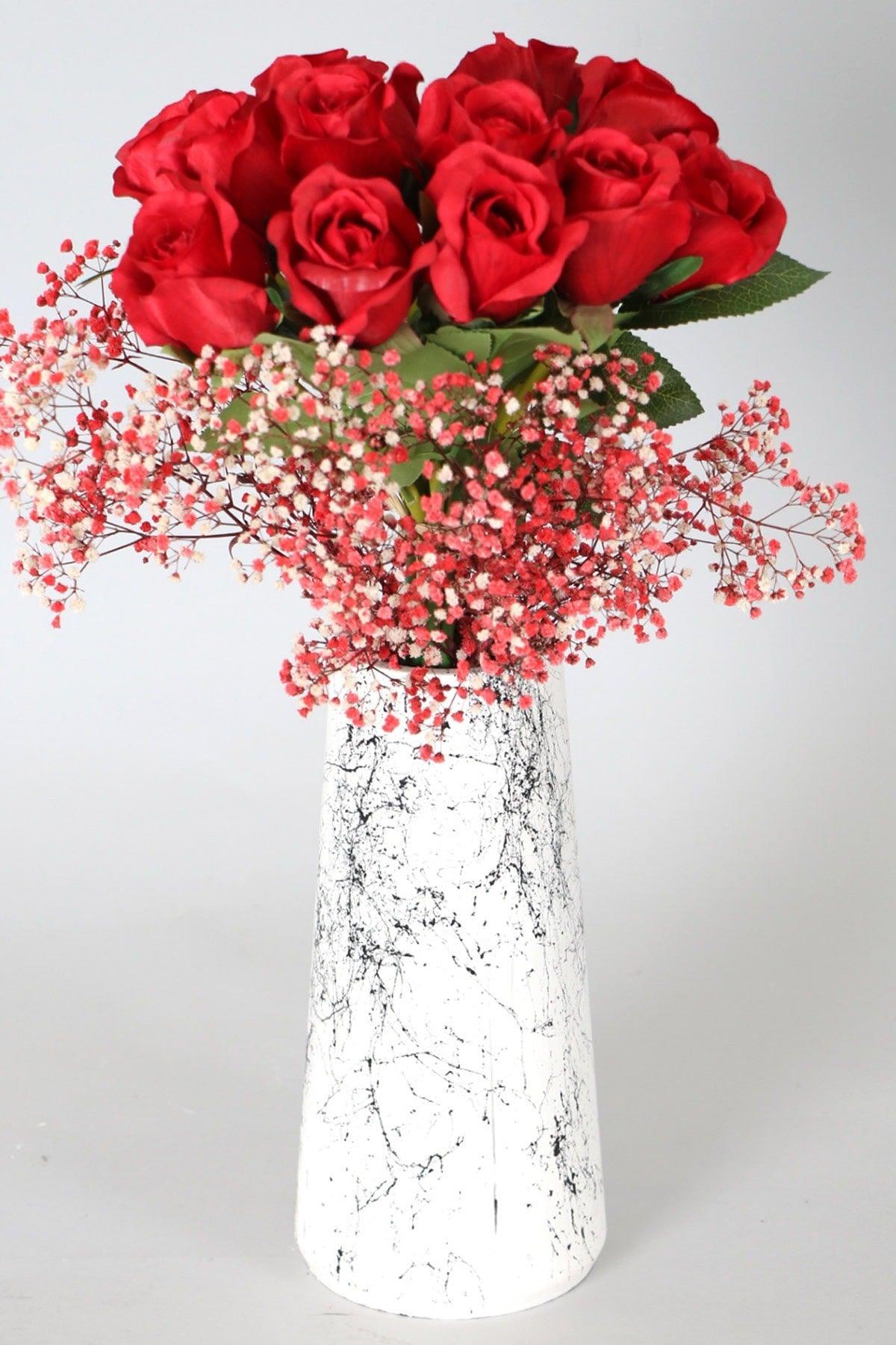 Marble Patterned Large Vase Artificial Deluxe Red Rose Arrangement 50 Cm - Swordslife