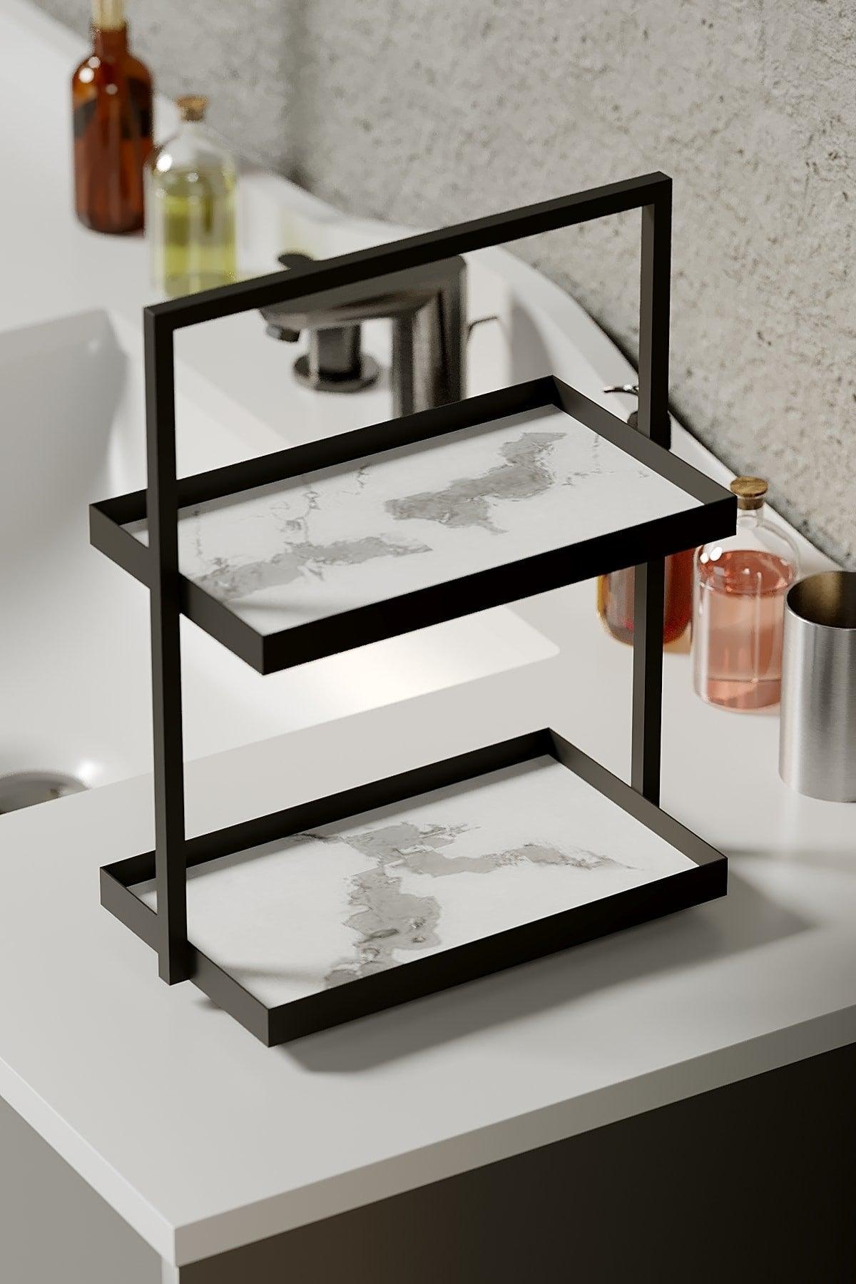 Marble Pattern Two Tiers Rectangle Kitchen Jewelry Makeup Bathroom Organizer Organizer 35 Cm - Swordslife