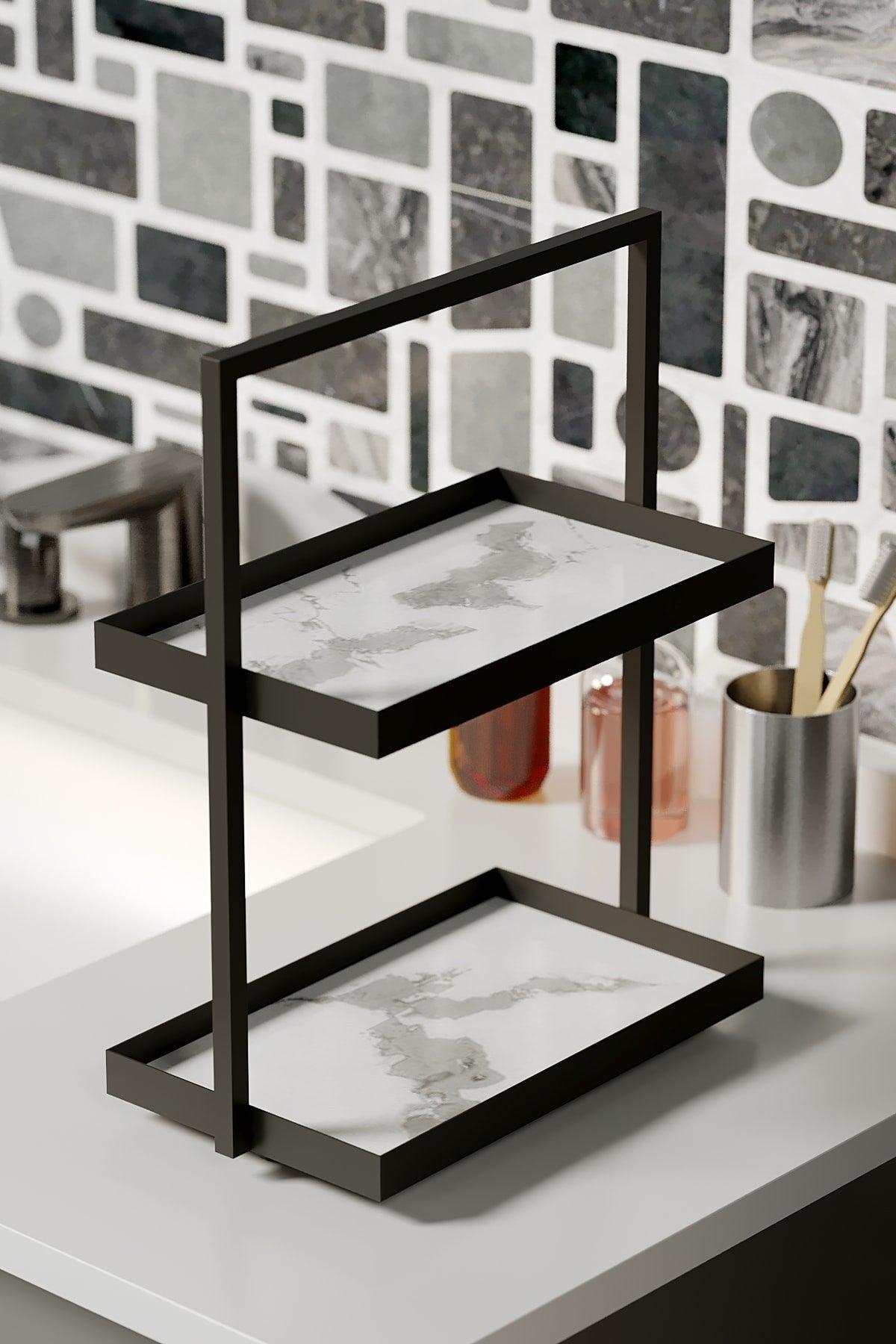 Marble Pattern Two Tiers Rectangle Kitchen Jewelry Makeup Bathroom Organizer Organizer 35 Cm - Swordslife