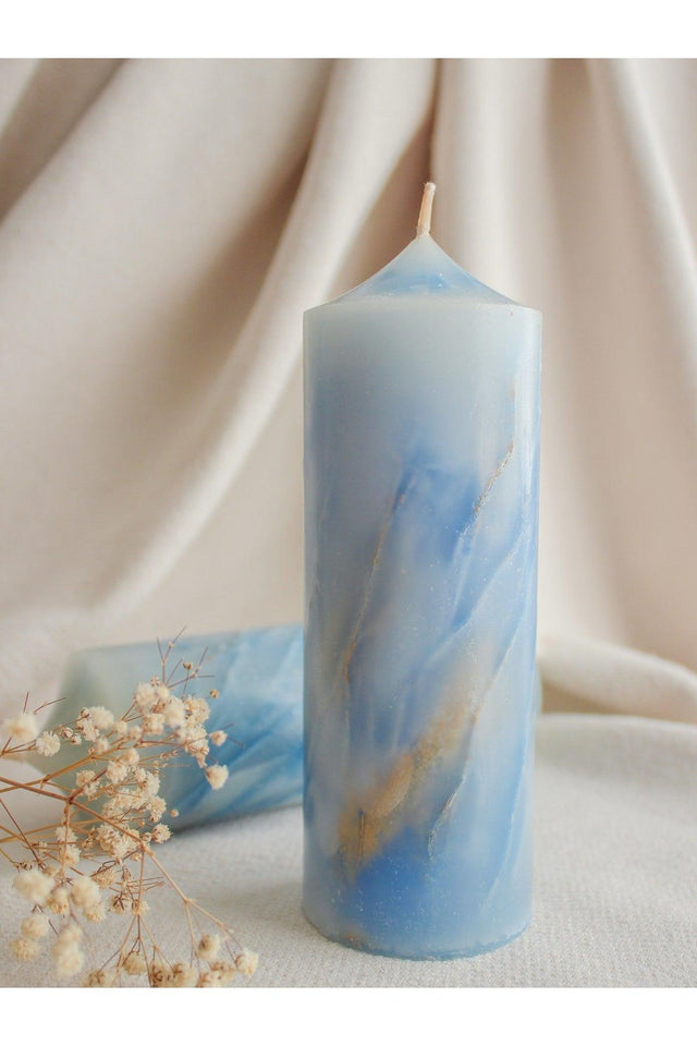 Marble Textured Pillar Candle, Gold Detail, Special Design (MARBLE) (BLUE) - Swordslife