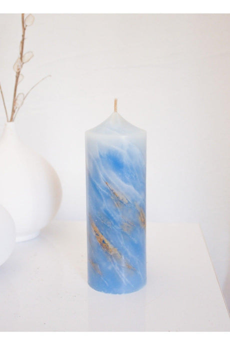 Marble Textured Pillar Candle, Gold Detail, Special Design (MARBLE) (BLUE) - Swordslife