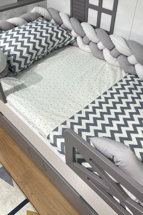 Mars 4-Piece Braided Montessori Sleeping Set For Baby Cot 90x190 Gray Zigzag - Swordslife