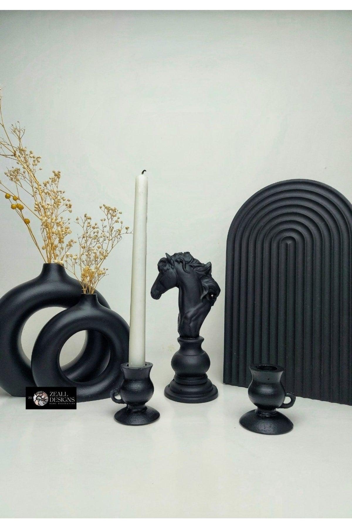 Matte Black Ceramic Bohemian Set - 2 Ring Vase 1 Horse Trinket 1 Large Presentation Rainbow Tray 2 Rose Candle Holders - Swordslife