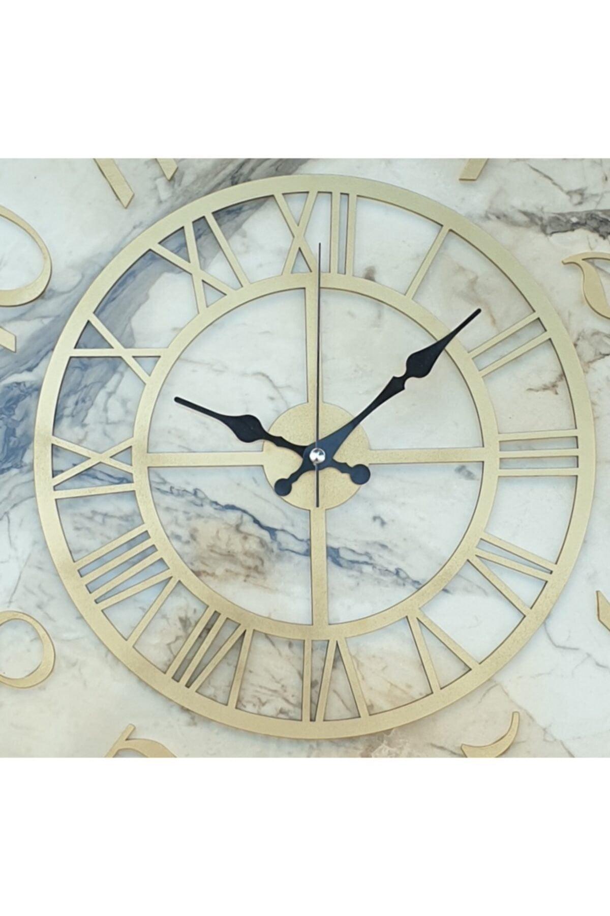 Marble Patterned Gold Color Numeral Wall Clock Diameter 50 Cm - Swordslife