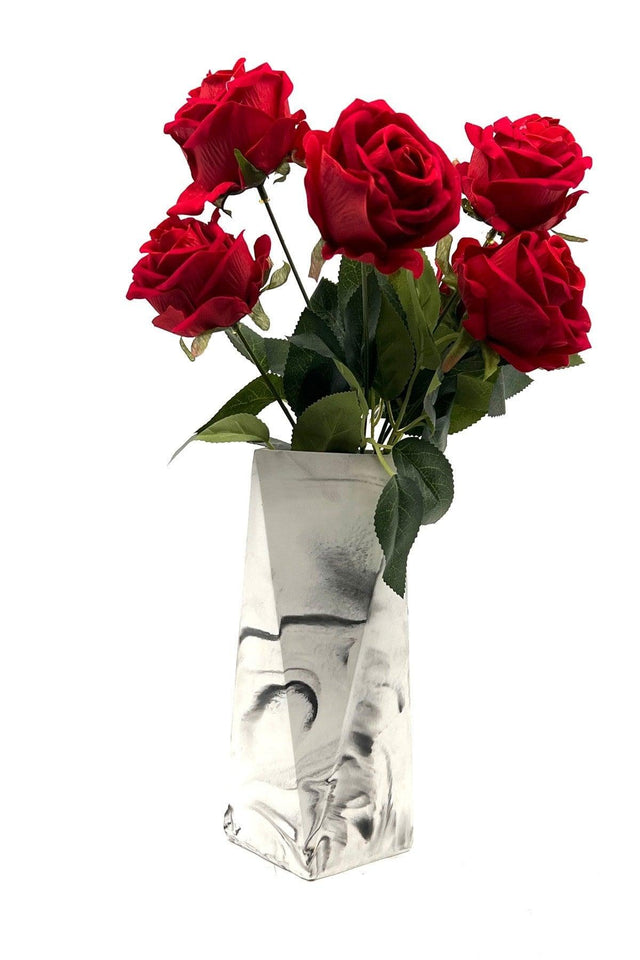 Marble Patterned Concrete Vase 7 Branched Velvet Rose Bunch Red 40 Cm - Swordslife