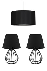 Metal Body Double Lampshade And Pendant Lamp Chandelier Set Black Fabric Bedroom Set - Swordslife