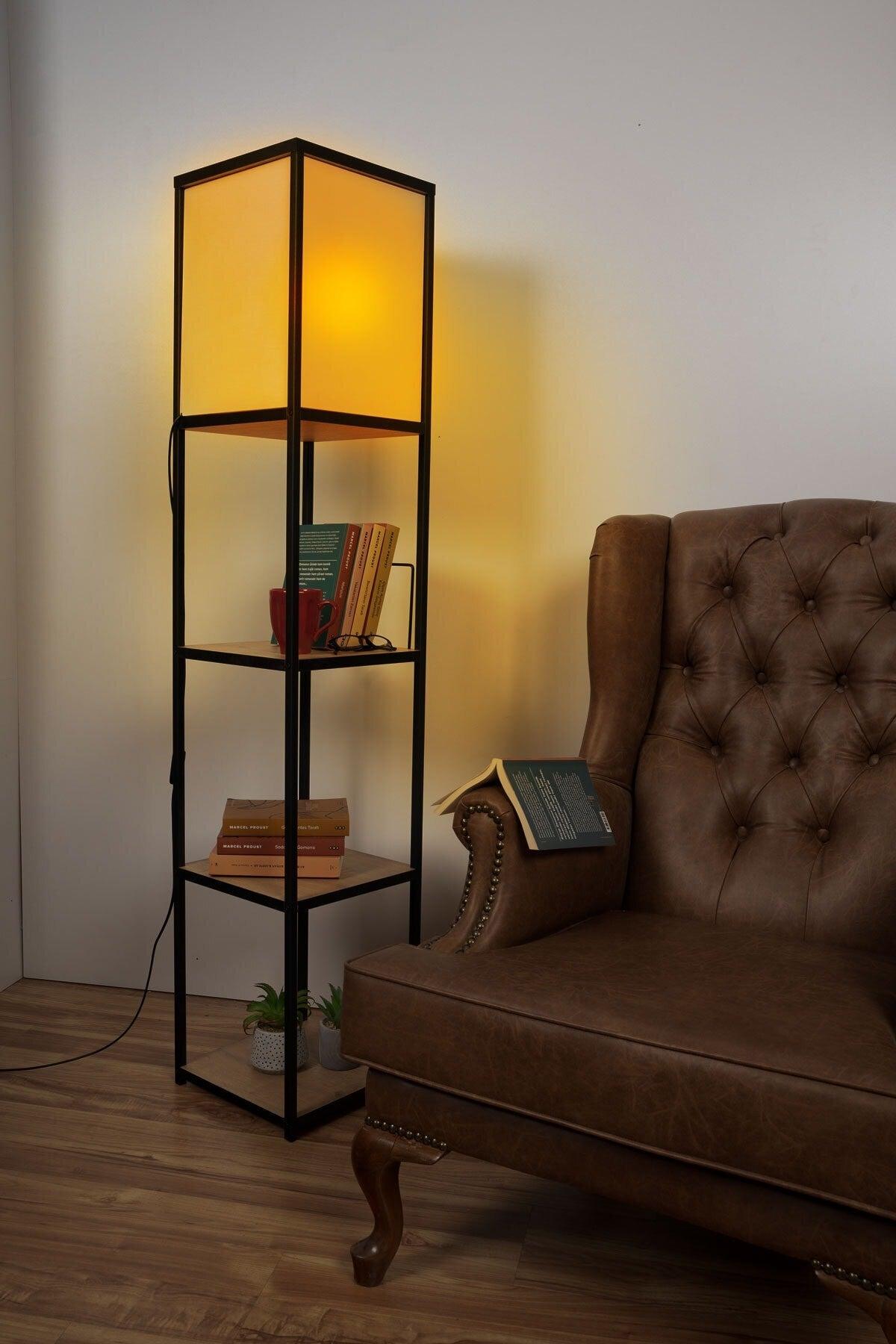 Metal Wooden Shelf Floor Lamp Bookshelf Lampshade - Swordslife