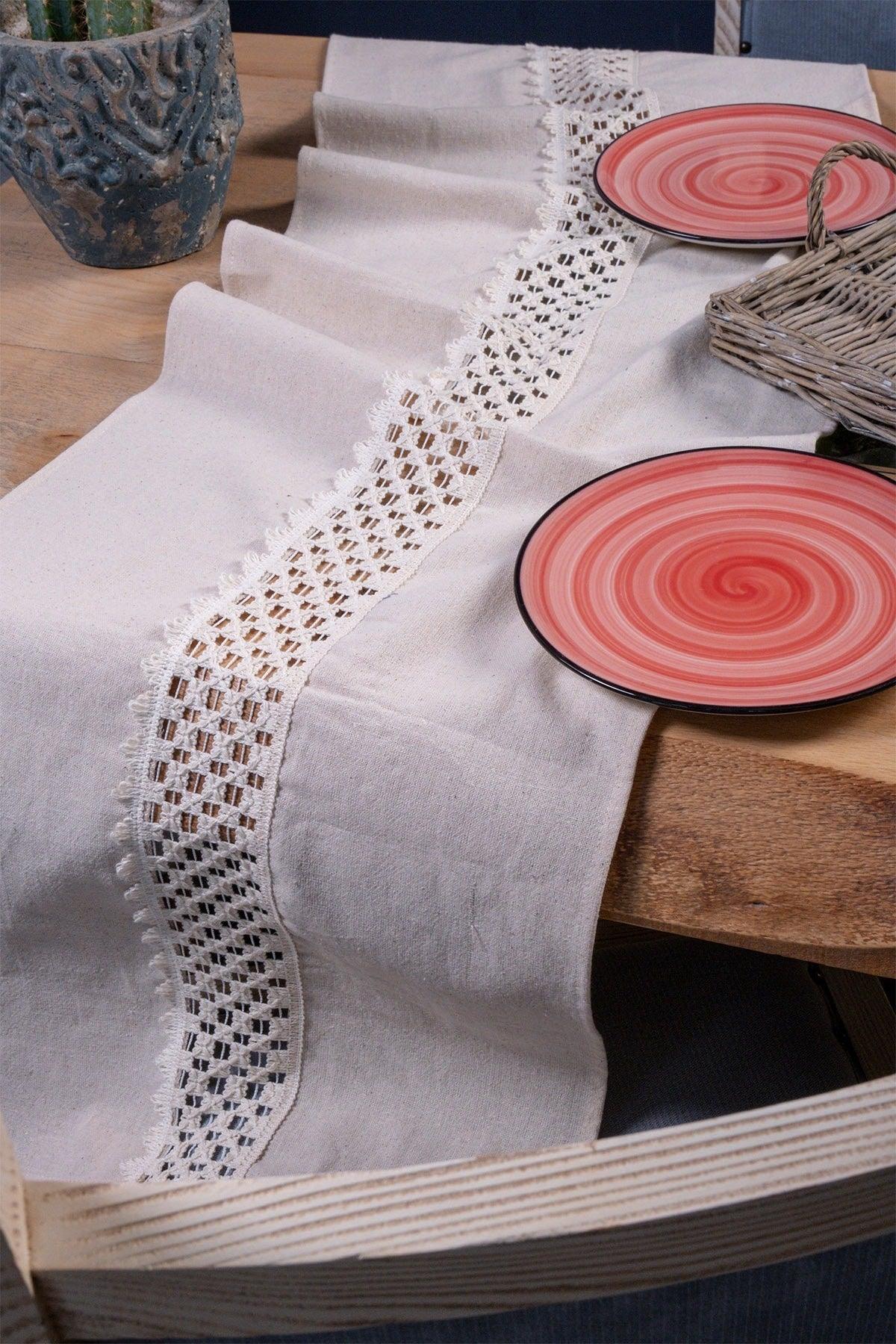 Cream 42x150 Cm Linen Runner Table Cloth with Lace in the Middle - Swordslife