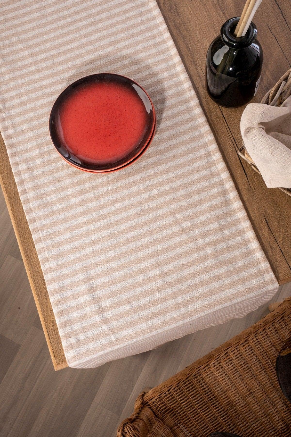 Milky Brown Striped Linen Fabric 42x150 Cm Runner Table Cloth - Swordslife