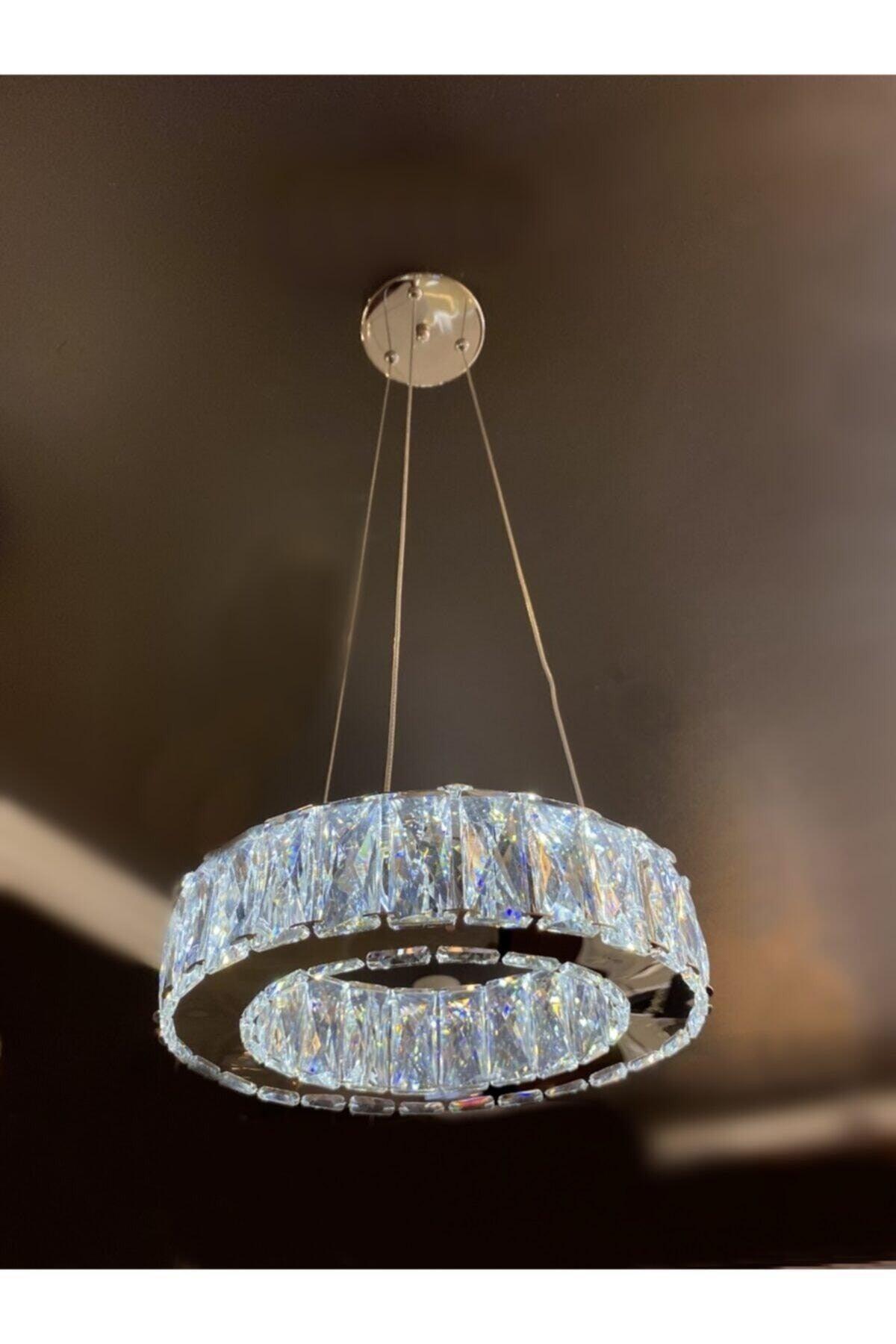 Modern Chrome Pendant Lamp Crystal Stone Power Led 3 Colors Chandelier - Swordslife