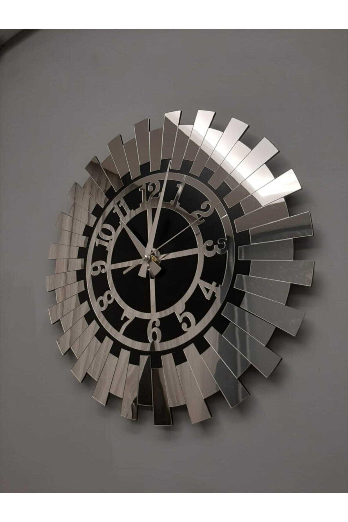 Modern Silver Sun Wall Clock Decorative Turkish Numeral Mdf Mirrored Plexi 40x40 Cm - Swordslife