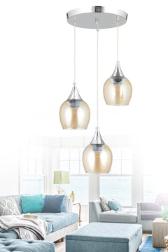 Modern 3-Light Pendant Chandelier with Chrome Finish, 80 cm Height, Honey Glass