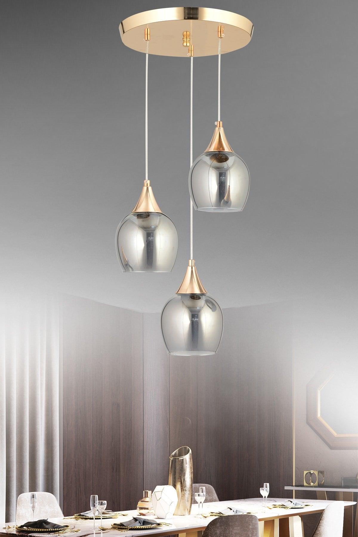 Sante 3 Piece Gold Smoked Glass Modern Pendant Lamp