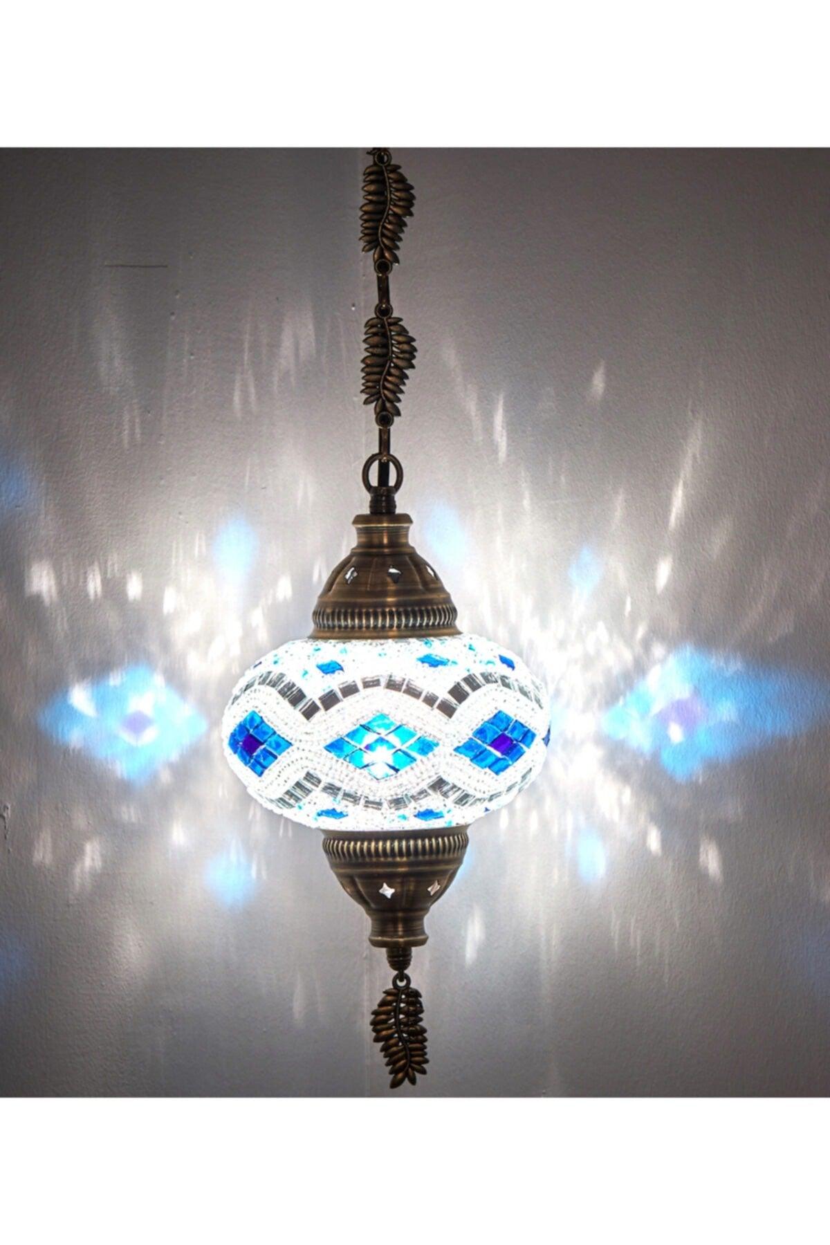 Mosaic Lamp Ottoman Authentic Colored Glass Handmade Boho Pendant Lamp, Blue White - Swordslife