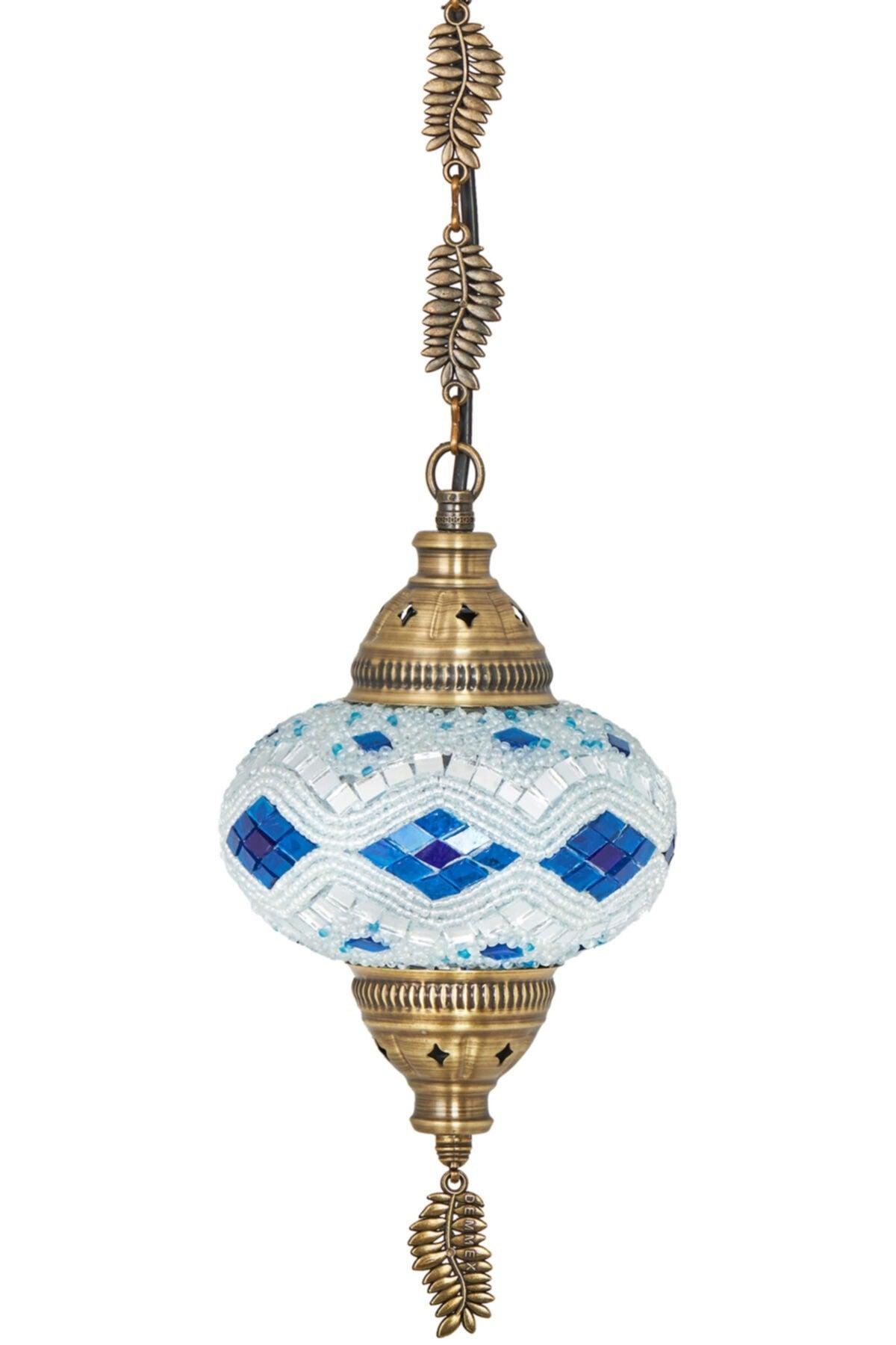 Mosaic Lamp Ottoman Authentic Colored Glass Handmade Boho Pendant Lamp, Blue White - Swordslife