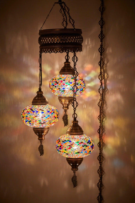 Mosaic Lamp Ottoman Authentic Colored Glass Handmade Boho Pendant Lamp Chandelier, 3 Large Glass, 95cm - Swordslife