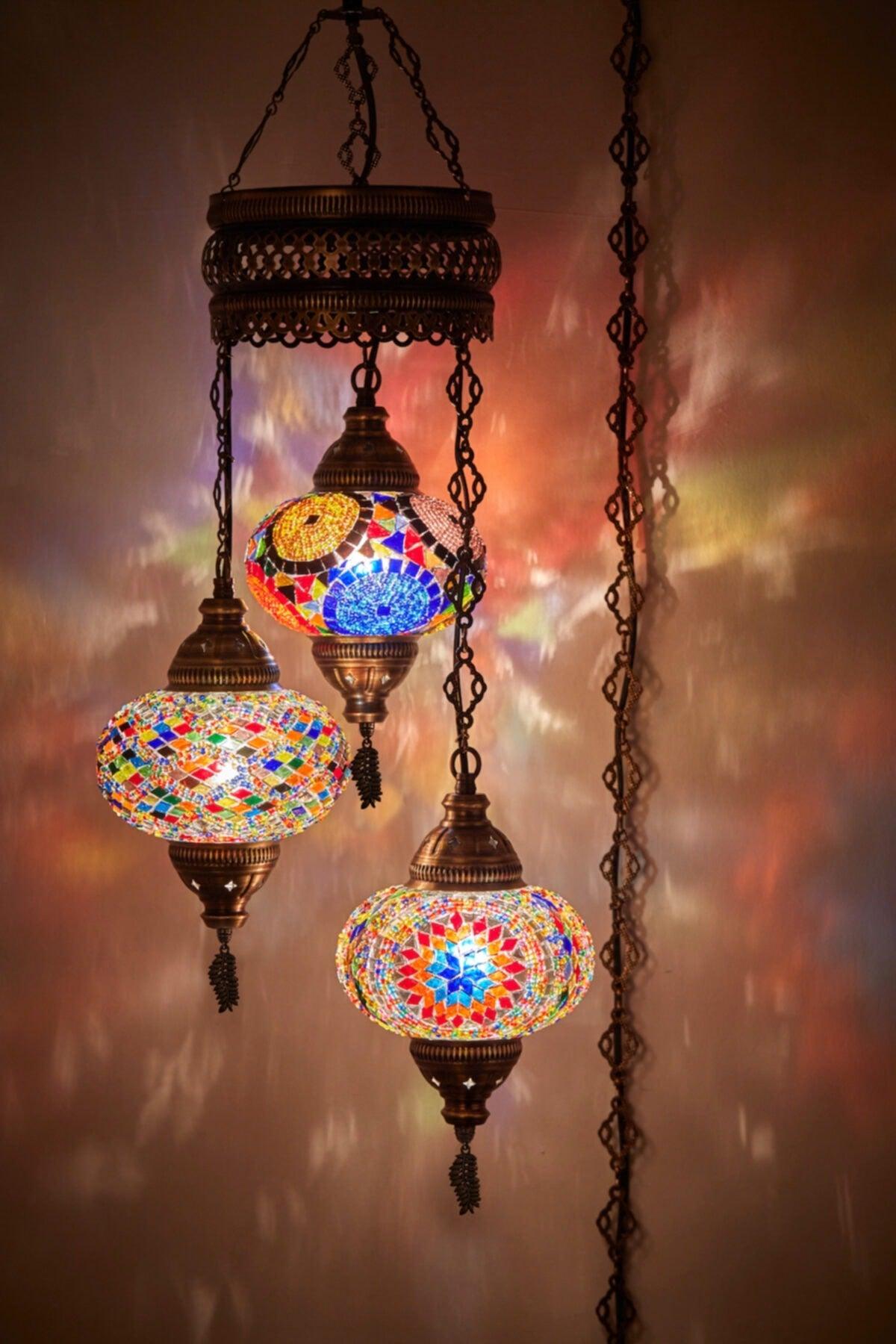 Mosaic Lamp Ottoman Authentic Colored Glass Handmade Boho Pendant Lamp Chandelier, 3 Large Glass, 95cm - Swordslife