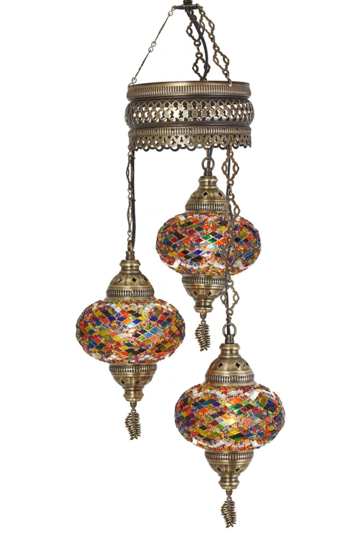 Mosaic Lamp Ottoman Authentic Colored Glass Handmade Boho Pendant Lamp Chandelier, 3 Large Glass, 95cm - Swordslife
