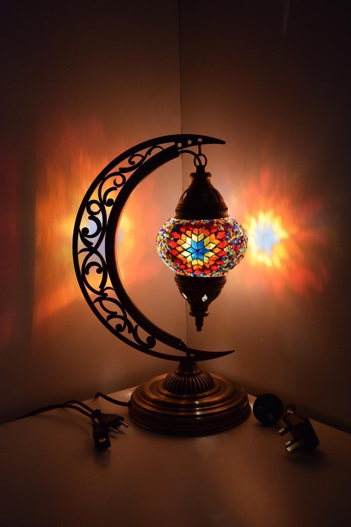 Mosaic Table Lamp Crescent, Turkish Table Lamp Half Moon, Mosaic Table Lamp, Model1 - Swordslife