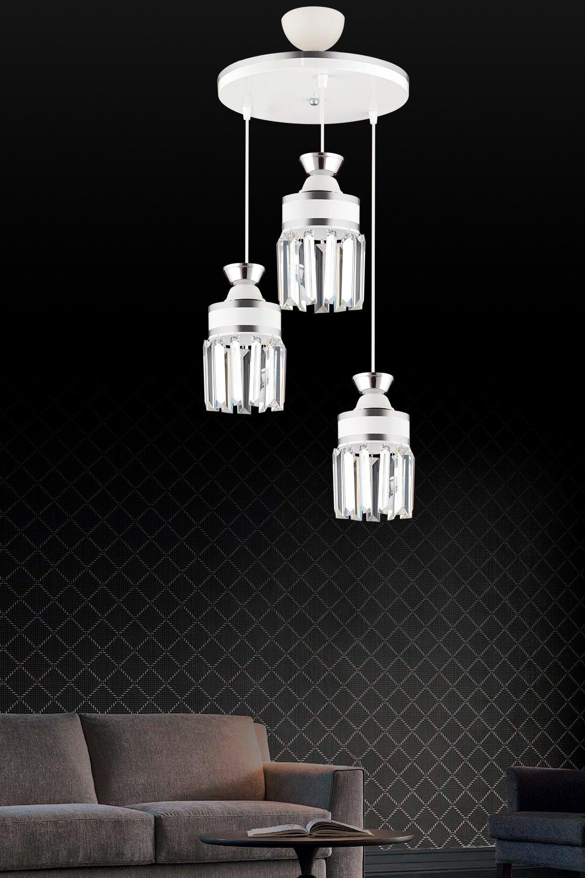 Nairobi 3-Piece White Pendant Crystal Stone Chrome Strip Cylinder Downward Facing Luxury Chandelier - Swordslife