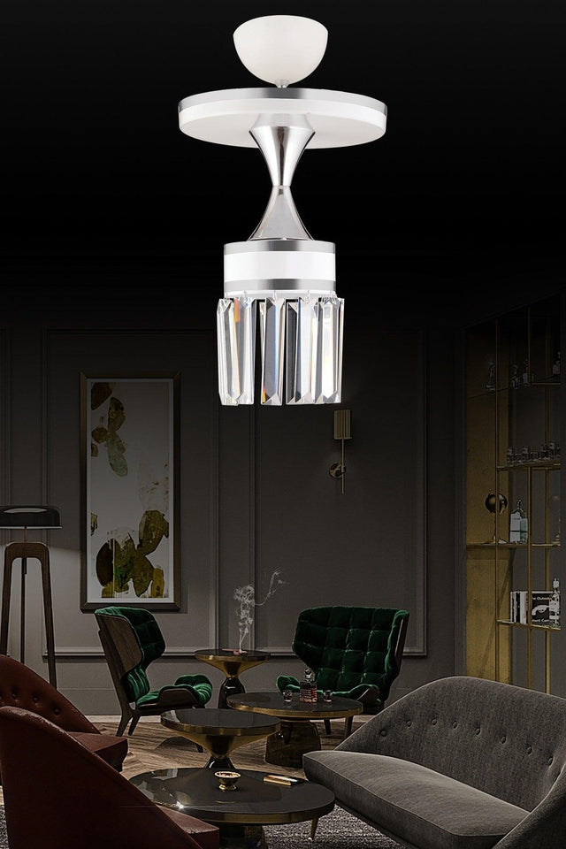 Nairobi Single White Plafonyer Crystal Stone Chrome Striped Cylinder Downward Facing Luxury Chandelier - Swordslife