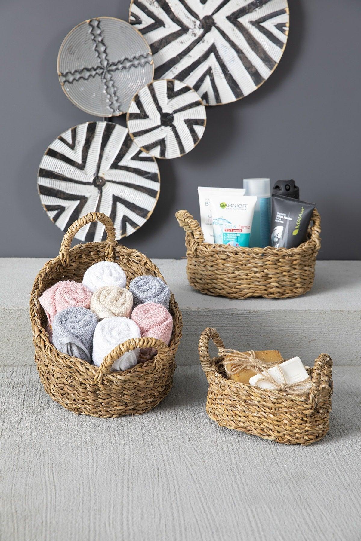 Natural Handle Oval Wicker Basket Lux Organizer 3 Sizes Bathroom And Home Decor - Swordslife