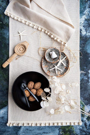 Natural Linen White Pompom Runner - Swordslife