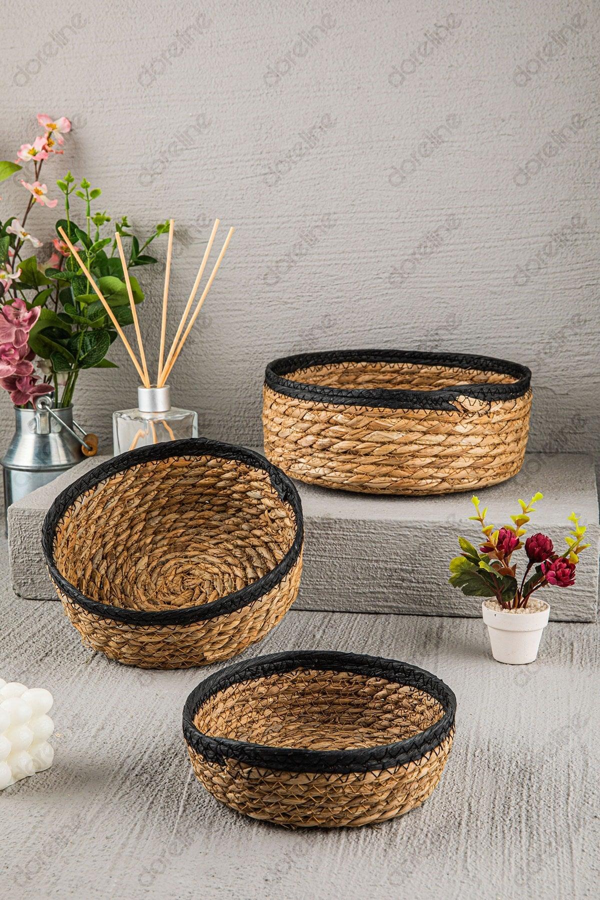 Natural Round Black Striped Wicker Basket Luxury Organizer 3 Sizes Bathroom And Home Decor - Swordslife