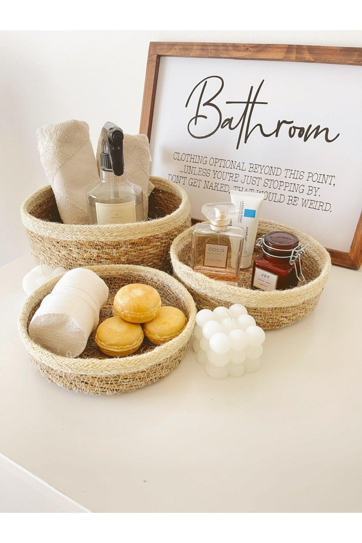 Natural Straw Knitted 3-Piece Cream Striped Multi-Purpose Wicker Basket/Bath Organizer - Swordslife