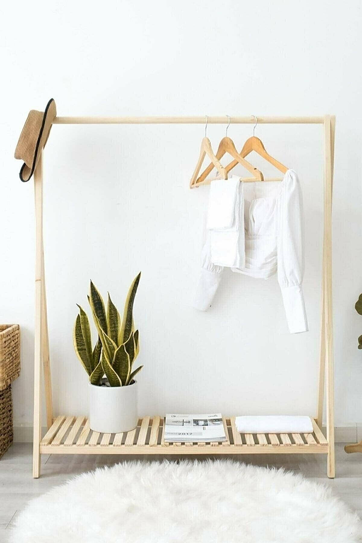 Natural Wooden Clothes Hanger Garment Hanger Standing Hanger Single Shelf 148x106x38 Cm Wardrobe - Swordslife