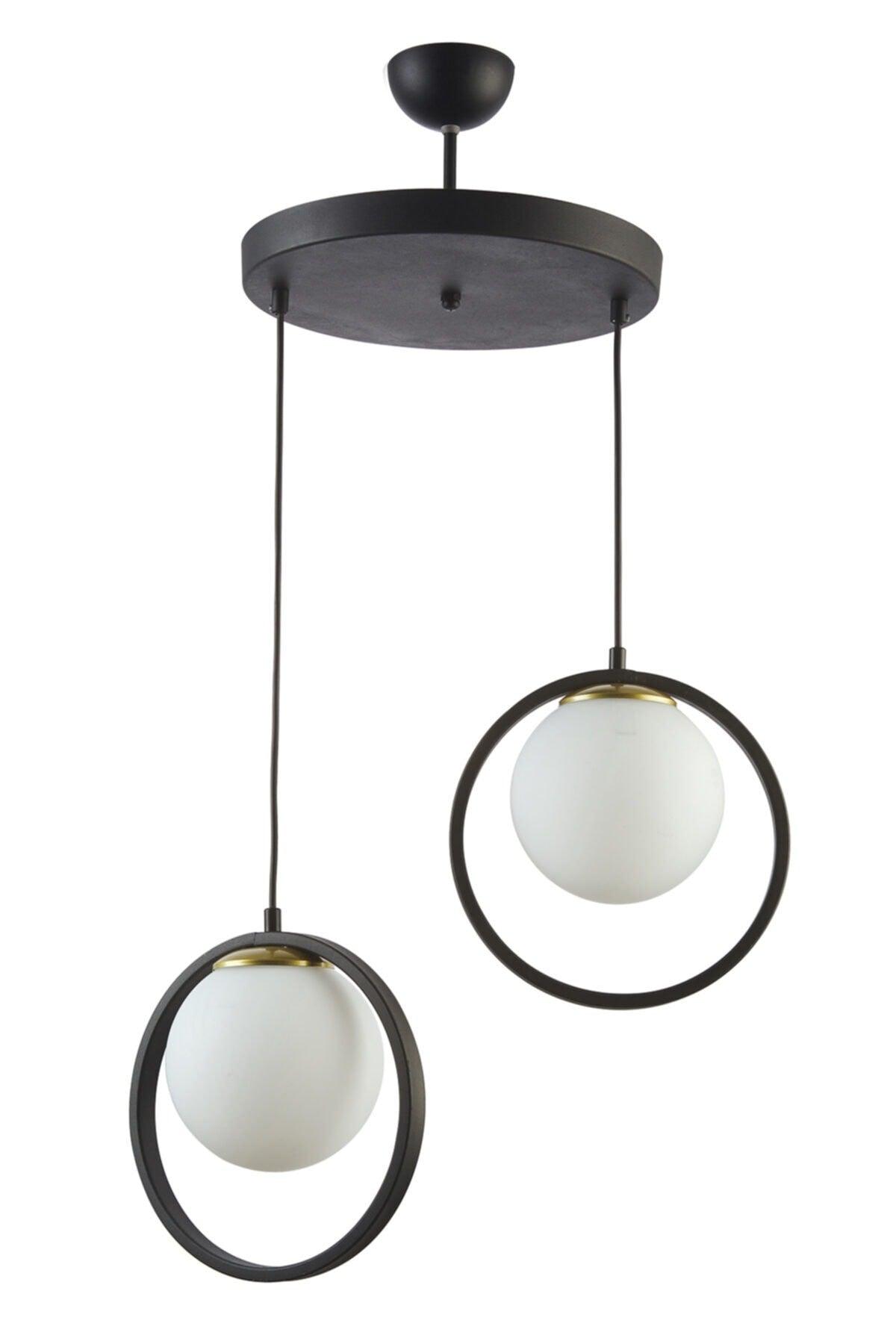 Nina Modern Metal Black Color Ringed Off White Glass 2 Pcs Chandelier - Swordslife