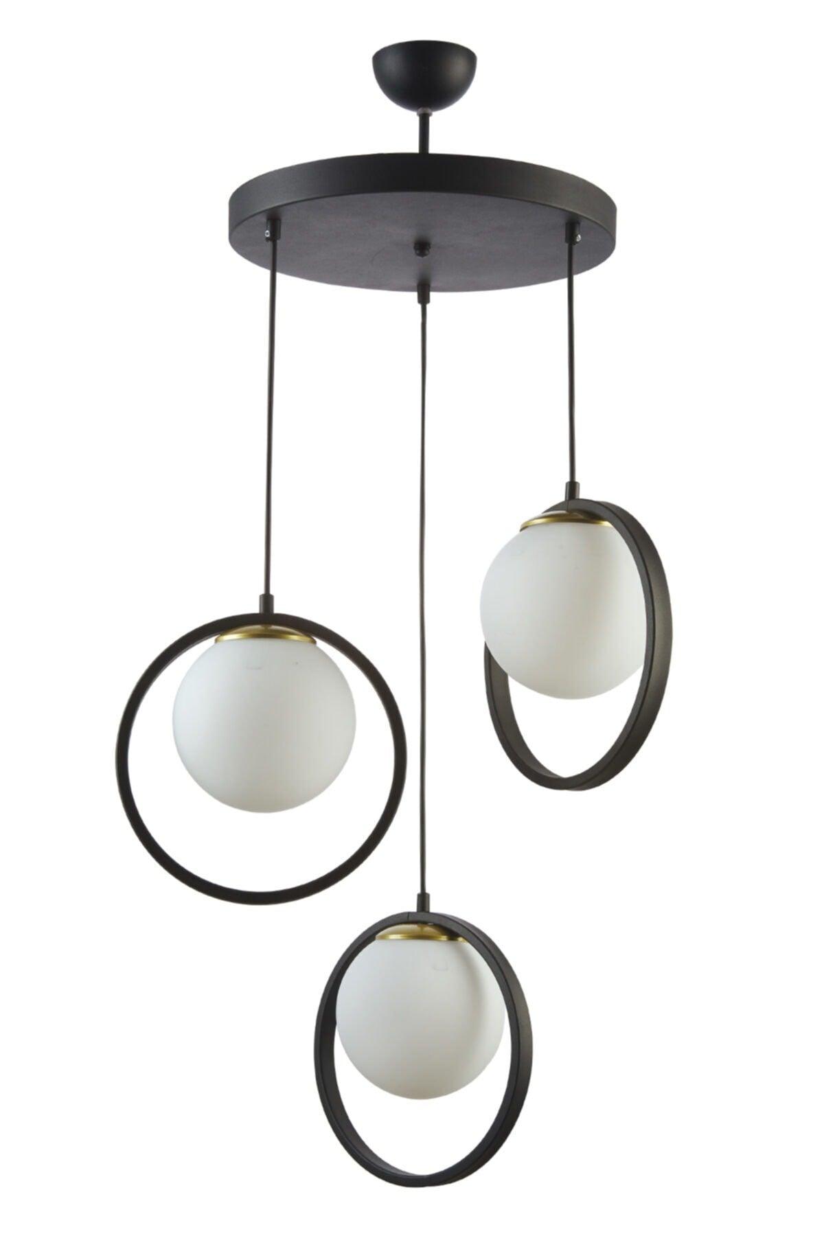 Nina Modern Metal Black Color Ringed Off White Glass 3 Piece Chandelier - Swordslife
