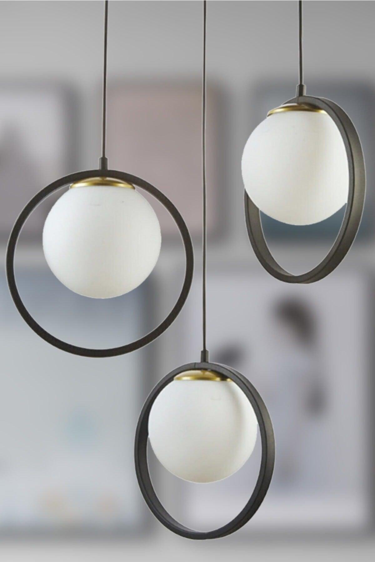 Nina Modern Metal Black Color Ringed Off White Glass 3 Piece Chandelier - Swordslife