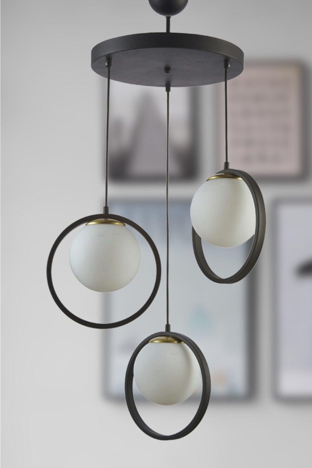Nina Modern Metal Black Color Ringed Off White Glass 3 Piece Chandelier - Swordslife