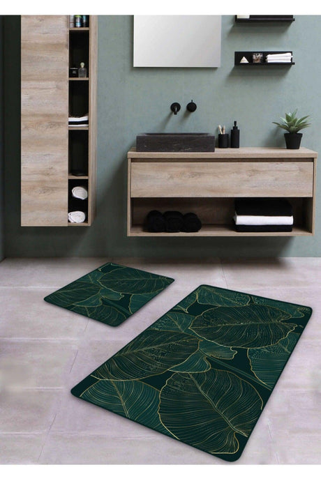 Non-Slip Base Washable Double Bath Mat - Dark Green Leaf Patterned 60*100 Cm - 50*60 Cm - Swordslife