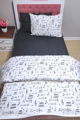 Note Patterned Anthracite-white Young Music Elastic Fitted Single Duvet Cover Set - Swordslife