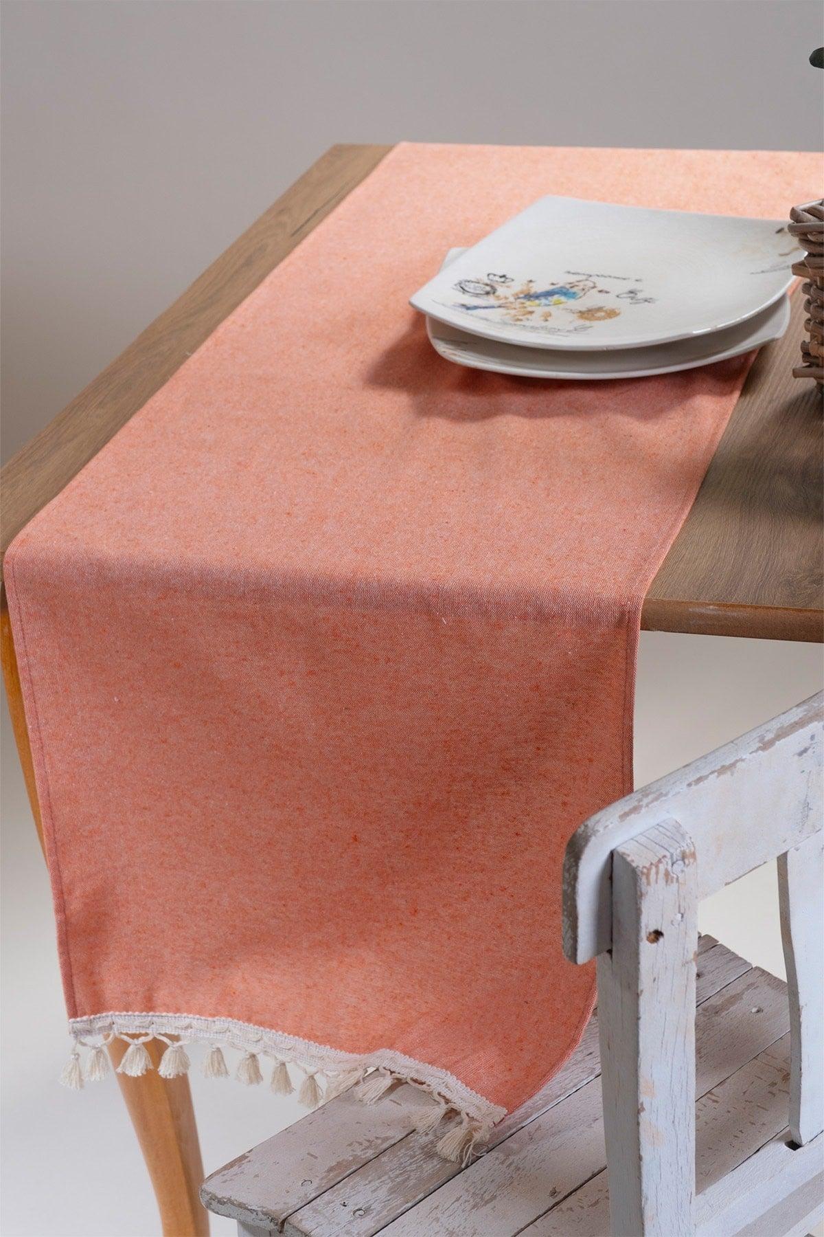Orange Plain Tasseled Cotton Fabric 45x150 Cm Runner Table Cloth - Swordslife