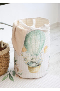 Organic cotton baby toy and laundry basket with rabbit and balloon design