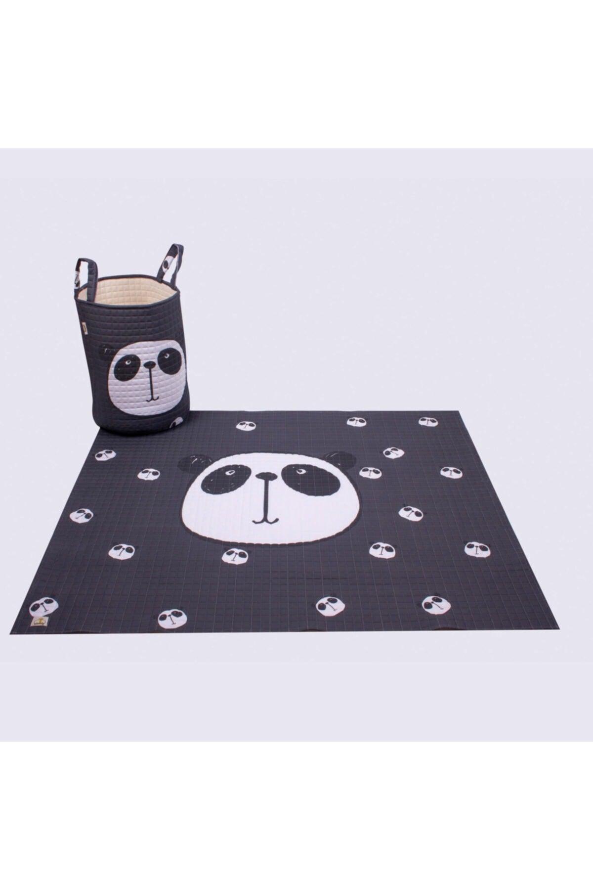 Organic Cotton Baby Toy Basket And Play Mat Set - Anthracite Color Panda Themed - Swordslife