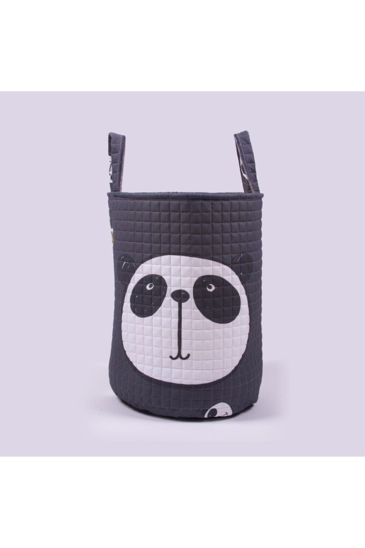 Organic Cotton Baby Toy Basket And Play Mat Set - Anthracite Color Panda Themed - Swordslife