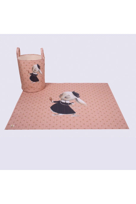 Organic Cotton Baby Toy Basket And Play Mat Set - Pink Color Polka Dot Rabbit Theme - Swordslife