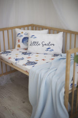 Organic Muslin Pique And Cotton Satin Baby Duvet Cover - Whale And Sea Theme - Swordslife