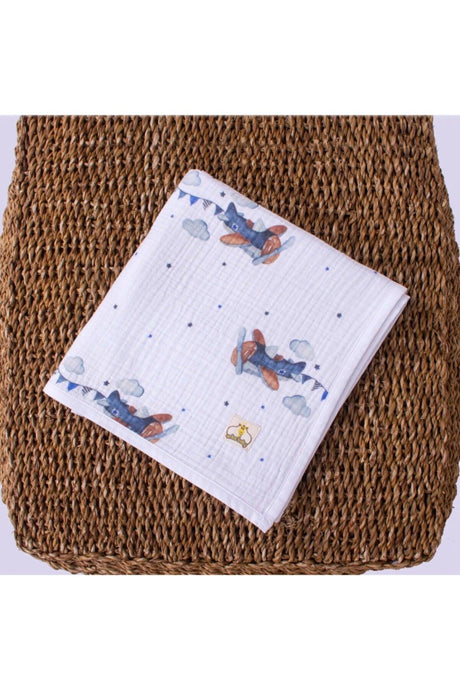 Organic Cotton 4-Ply Patterned Muslin Baby Blanket - Airplane And Star Themed - Swordslife