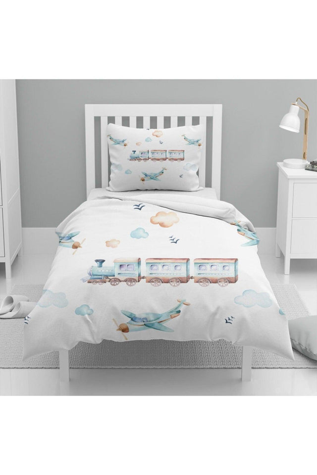 Osso Clouds Airplane Train Patterned Single Child Duvet Cover Set - Swordslife