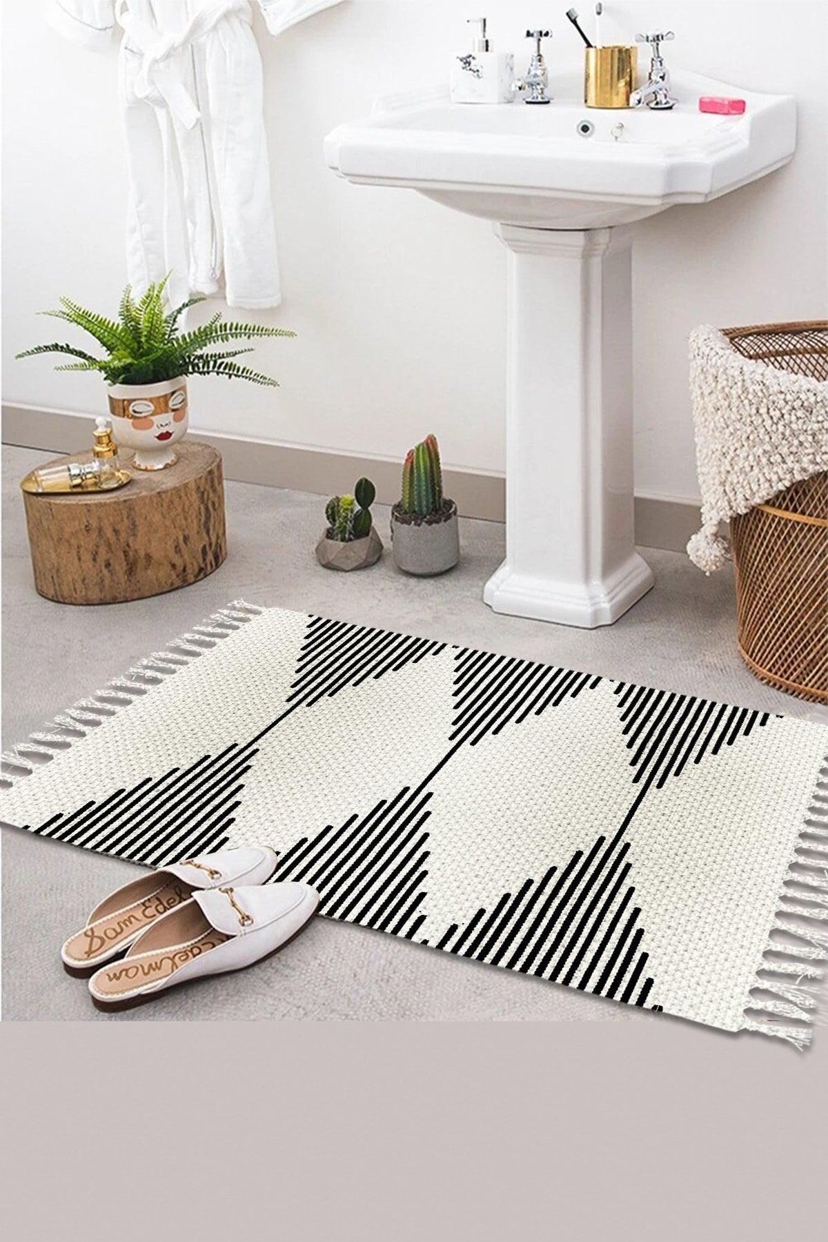 Osso Patterned Washable Modern Single Bath Mat Carpet Vintage Woven Rug 50x80cm Byns-04 - Swordslife