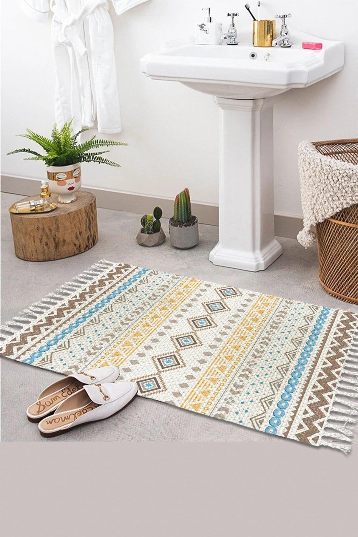 Osso Patterned Washable Modern Single Bath Mat Carpet Vintage Woven Rug 50x80cm Byns-07 - Swordslife