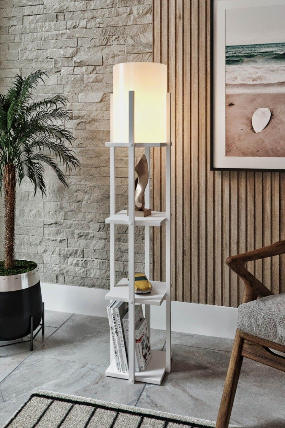 Osso White Decorative Modern Wooden Mdf 3 Shelves Framed Floor Lamp - Swordslife