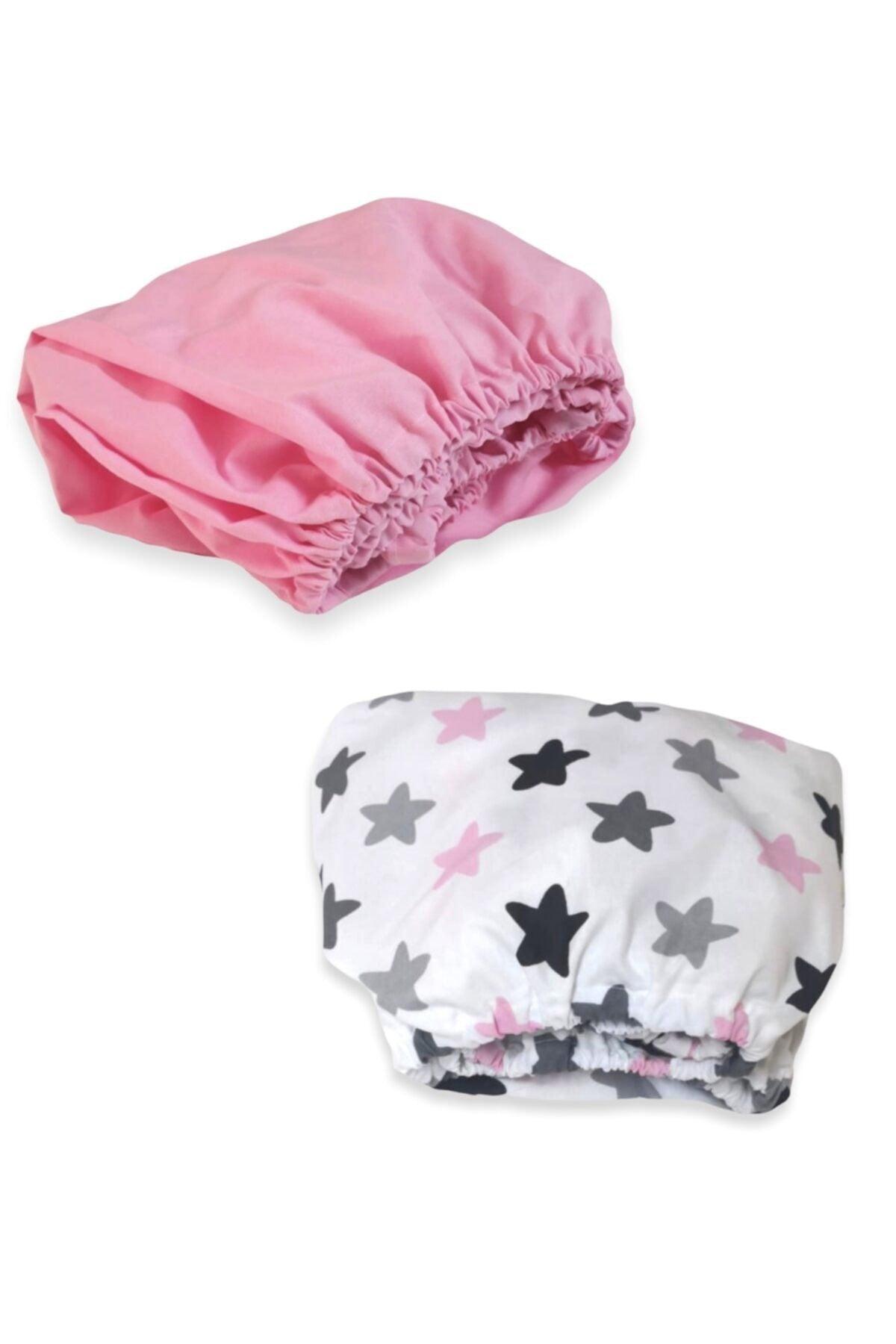 Cotton Kids Elastic Bed Sheet 120x200 (2 Pieces) Pink And Pink Gray Starry - Swordslife