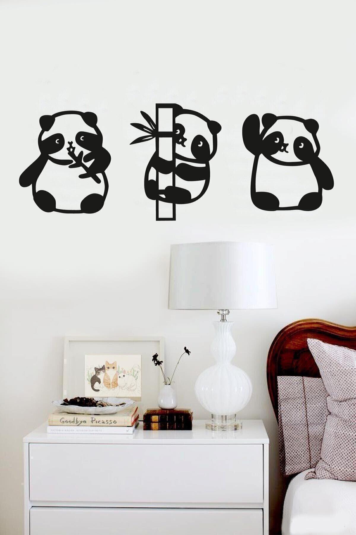 Panda 3 Piece Wall Decor Black Wood Laser Painting - Swordslife