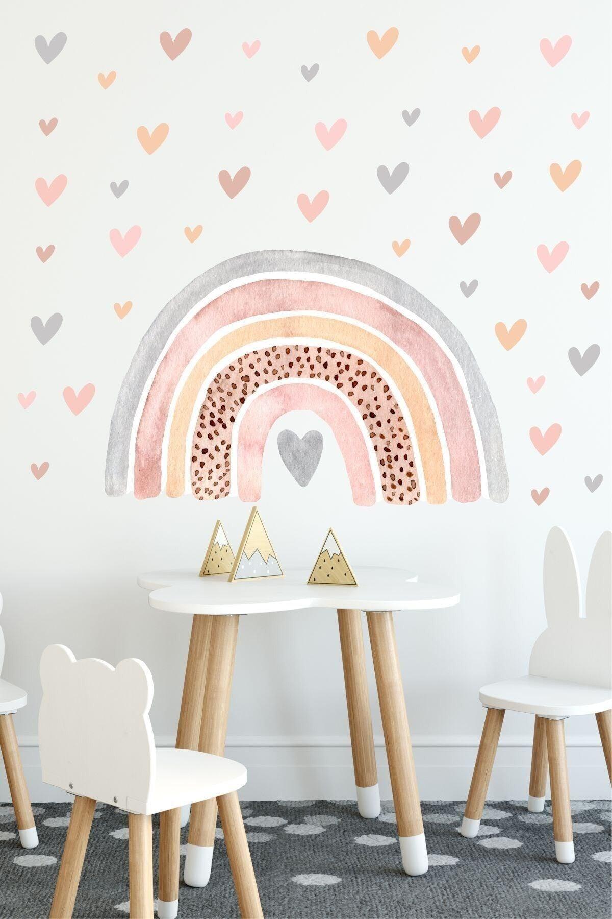 Pastel Rainbow And 100 Hearts Kids Room Wall Sticker Set - Swordslife